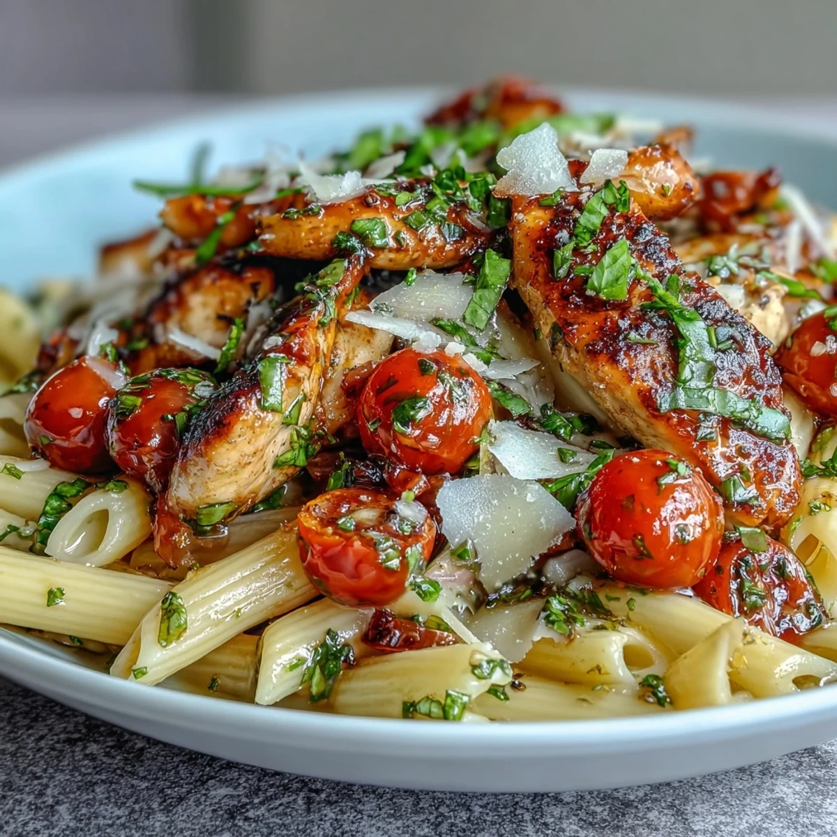 Bruschetta Chicken Pasta with Cherry Tomatoes and Fresh Basil