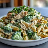 A skillet of High Protein Rotisserie Chicken Broccoli Pasta with whole-wheat penne, bright broccoli, and lemon zest.
