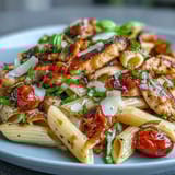 A close-up of Bruschetta Chicken Pasta featuring juicy tomatoes, basil, and Parmesan, served as a warm, family-style Italian-American dinner.