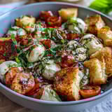 Crispy toasted bread cubes scattered over a Caprese Salad Bowl with creamy mozzarella, juicy tomatoes, and fresh basil leaves.