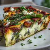 A golden Spring Veggie Frittata with asparagus and goat cheese, baked until fluffy and topped with fresh herbs.