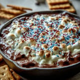 Festive 3-ingredient S'mores Dip, golden marshmallows melting over rich chocolate in cast iron pan.