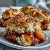 Close-up of fluffy biscuits nestled atop a vibrant peach filling, baked perfectly.