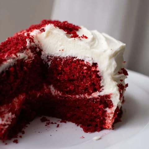 Freshly baked Red Velvet Cake layers with creamy white frosting sit on a rustic wooden table.