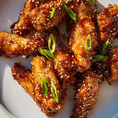 Sticky Asian Sticky Wings resting on a platter, garnished with sesame seeds and green onions for a perfect party appetizer.