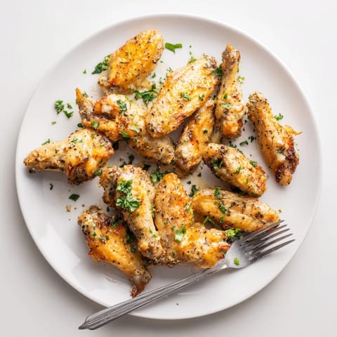 Golden brown, crispy Lemon Pepper Wings fresh from the oven, glistening with melted butter and citrus zest on a wire rack.