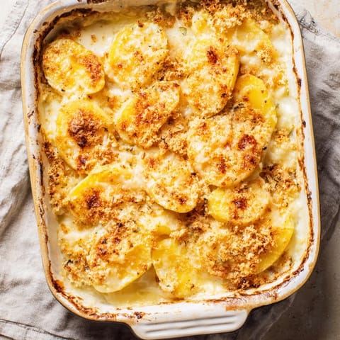 Golden, bubbling Au Gratin Potatoes fresh from the oven with a crispy cheese crust.