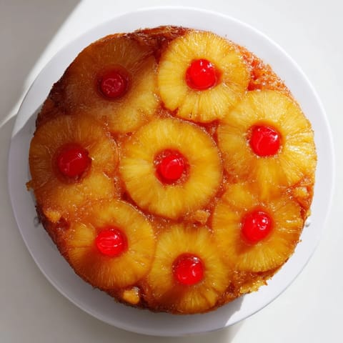 Freshly baked Pineapple Upside-Down Cake with golden caramelized pineapple rings and bright red cherries on a white plate.