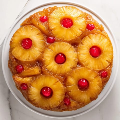 A slice of warm Pineapple Upside-Down Cake revealing a buttery vanilla crumb and glossy fruit topping, ready to eat.
