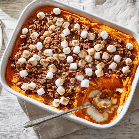 Golden brown Sweet Potato Casserole with toasted marshmallows bubbling in a white dish.