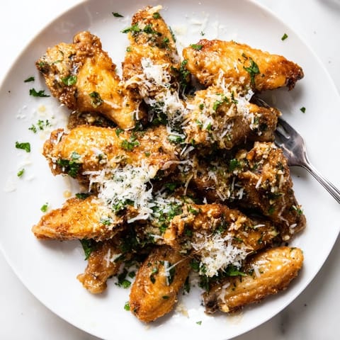 Freshly baked Garlic Parmesan Wings with golden, crispy skin and a glossy garlic butter coating, sprinkled with extra Parmesan.
