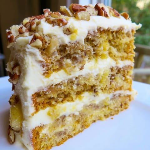 Freshly baked Hummingbird Cake layers with toasted pecans sit stacked beside ripe bananas and crushed pineapple.