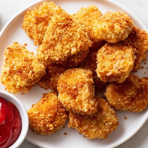 Homemade chicken nuggets piled high on a white plate, ready to dip.