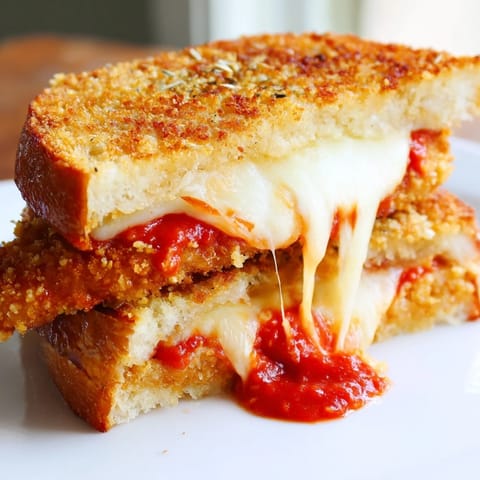 A crispy panko-crusted chicken cutlet layered with zesty tomato sauce inside buttery garlic bread.  