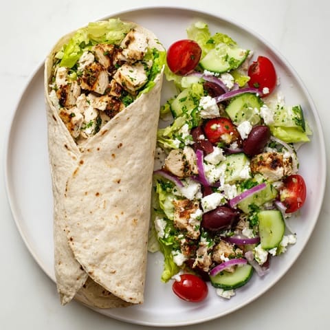 Perfect for a fresh Mediterranean lunch, this Greek Lemon Chicken Salad Wrap showcases vibrant colors and hearty textures.