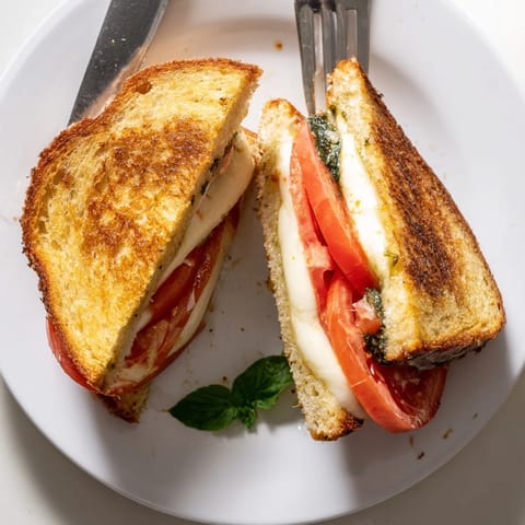 Golden, crispy Caprese Pesto Grilled Cheese oozing melted mozzarella with ripe tomato slices.