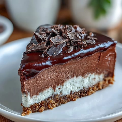 This Lighter Chocolate Cottage Cheese Cheesecake is plated on a white dish with fresh raspberries nearby, ideal for a high-protein dessert.