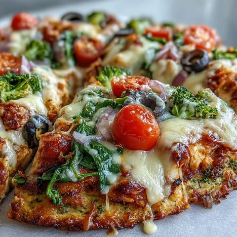 Sliced Broccoli Chicken Crust Pizza reveals layers of savory chicken crust, colorful veggies, and gooey cheese on a rustic wooden cutting board.
