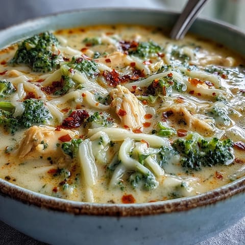 A steaming bowl of creamy Chicken Broccoli Cheddar Soup with tender chunks of chicken and vibrant green florets.