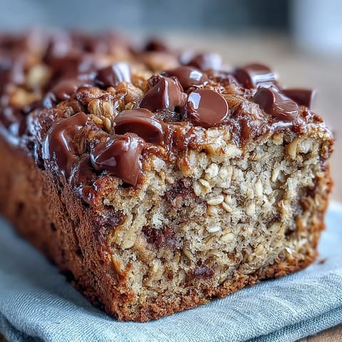 A slice of moist Chocolate Chip Peanut Butter Oatmeal Banana Bread on a plate, topped with melty chocolate chips and chopped peanuts.