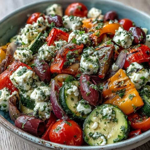 A close-up of the Roasted Greek Salad shows caramelized vegetables and cucumber slices drizzled with lemon-oregano dressing.  