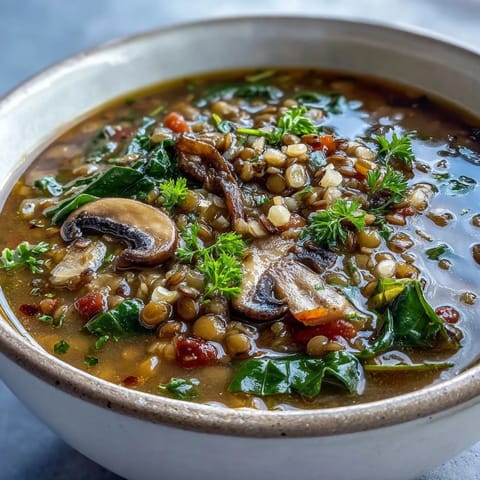 Steaming Double Lentil and Mushroom Barley Soup served with crusty whole-grain bread for a comforting, protein-rich vegan meal.