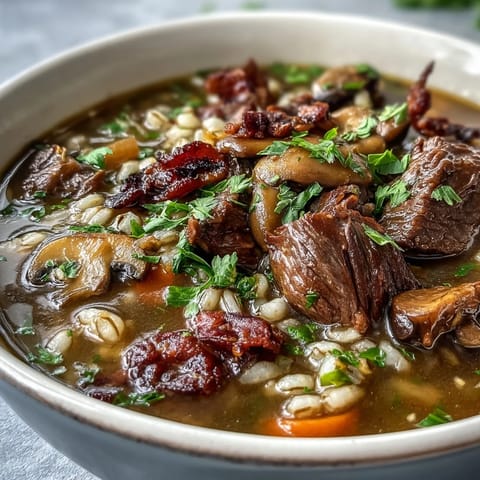 Spoon lifting tender beef, baby bella mushrooms, and chewy pearl barley from the rich, savory broth of this soup.