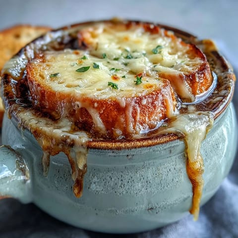 A warm bowl of Classic French Onion Soup, featuring deeply caramelized onions topped with a toasted baguette slice and bubbly, golden Gruyère cheese.
