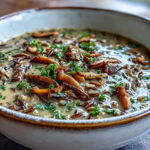 Hearty Wild Rice Mushroom Soup steaming in a rustic bowl, paired with a slice of crusty bread for dipping.