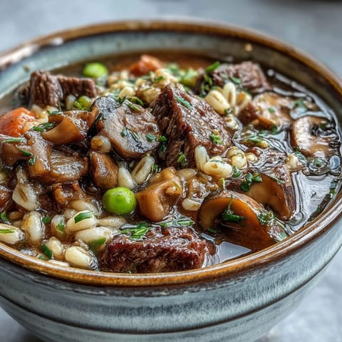 Hearty beef and barley soup with tender beef cubes, diced carrots, celery, and peas in a rich, savory broth.