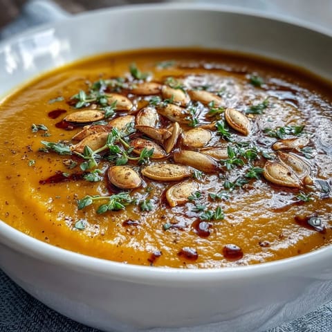 Creamy, vibrant butternut squash soup glistens in a rustic bowl, garnished with toasted pumpkin seeds and fresh thyme.  