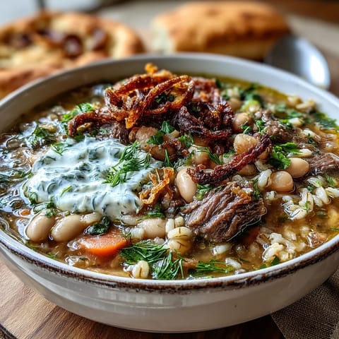 A warm bowl of Beef Barley Soup garnished with fresh herbs and a swirl of sour cream.