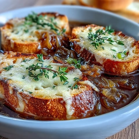 Steaming bowl of French Onion Soup with melted Gruyère and toasted baguette.