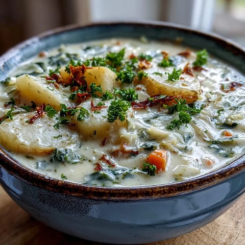 Creamy Potato Soup with Cabbage simmering in a large pot with wooden spoon, steam rising, carrots visible.