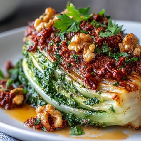 Golden roasted cabbage wedges glistening with olive oil, drizzled with homemade winter romesco sauce and garnished with fresh parsley. 