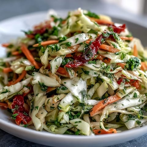 Bright and crunchy Cabbage Salad With Sundried Tomatoes in a glass bowl, tossed with fresh herbs and a light vinaigrette for a healthy side dish.