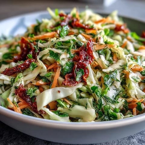 A close-up of Cabbage Salad With Sundried Tomatoes featuring colorful red cabbage, carrots, and bell peppers, offering a refreshing and vibrant vegetarian meal.