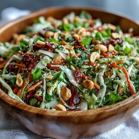 Crunchy Asian Cabbage Salad topped with roasted cashews and sesame seeds, tossed in a sesame-ginger dressing. 