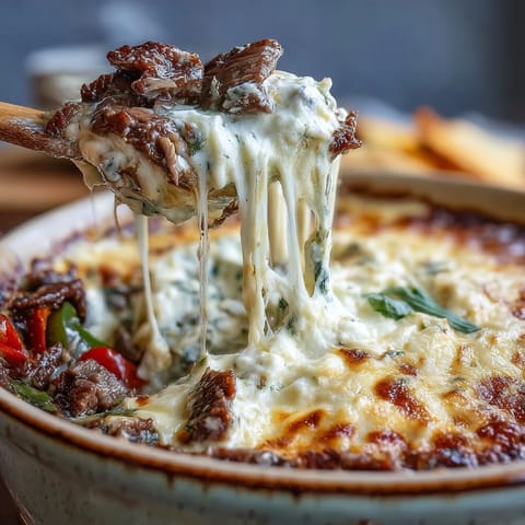 Golden-baked Philly Cheesesteak Dip with melted provolone, served hot from the oven with toasted baguette slices.