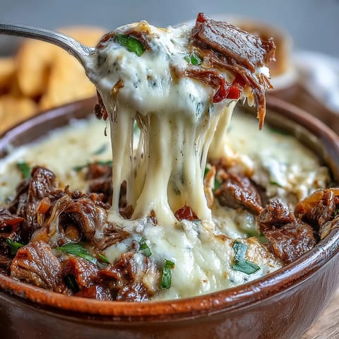 A cast-iron skillet of bubbling Philly Cheesesteak Dip, featuring shaved ribeye, peppers, and onions, ready for dipping.