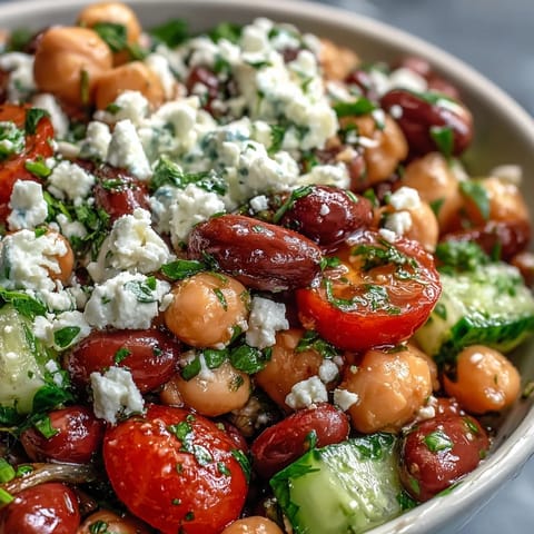 Hearty Greek Bean Salad served in a white bowl, drizzled with zesty lemon-oregano dressing and garnished with fresh parsley and dill.