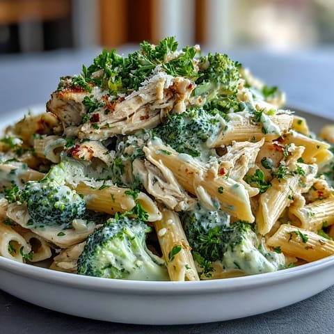 A skillet of High Protein Rotisserie Chicken Broccoli Pasta with whole-wheat penne, bright broccoli, and lemon zest.