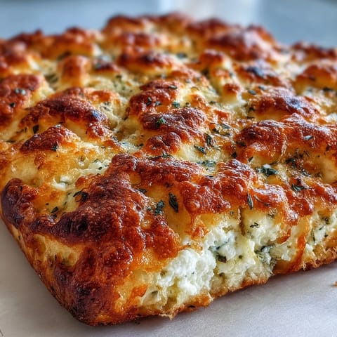 Golden-brown Fluffy Cottage Cheese Flatbread topped with fresh herbs, perfect for tearing and dipping into creamy yogurt sauce.