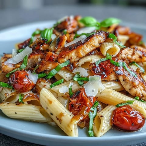 A close-up of Bruschetta Chicken Pasta featuring juicy tomatoes, basil, and Parmesan, served as a warm, family-style Italian-American dinner.