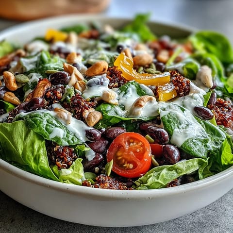 Vibrant Rainbow Salad Bowl with quinoa, beans, and crunchy nuts, dressed in zesty lemon vinaigrette.