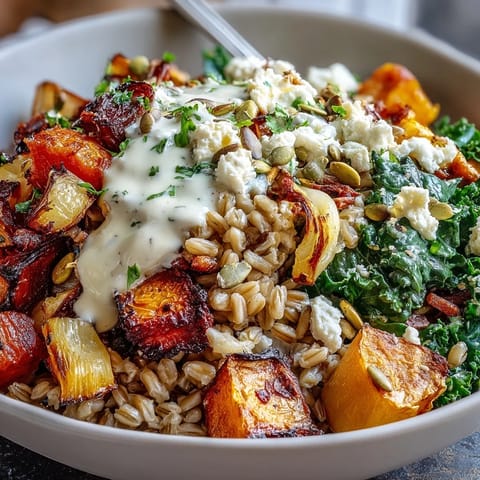 A close-up of Hearty Winter Grain Bowl with roasted carrots, parsnips, and sweet potato over farro, topped with kale and creamy tahini dressing.