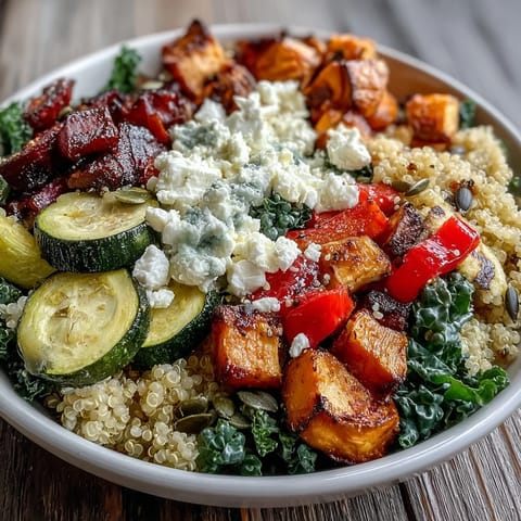 Golden roasted sweet potatoes and bell peppers top a warm quinoa bowl with wilted spinach, finished with a drizzle of vibrant vinaigrette.
