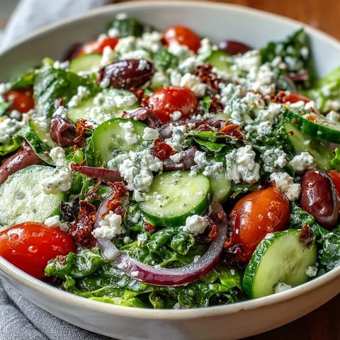 Fresh Mediterranean Green Salad Bowl with crisp spring mix, juicy tomatoes, and crumbled feta cheese, topped with a tangy Greek dressing.