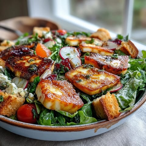 Golden-fried halloumi and blood orange slices top a colorful salad bowl, with sourdough croutons and fresh greens for a vibrant Halloumi Blood Orange Fattoush.