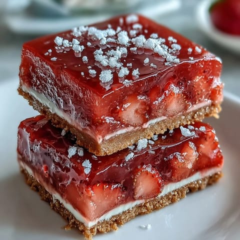 Buttery shortbread crust topped with tangy strawberry lemonade filling, dusted with powdered sugar for a sweet finish.